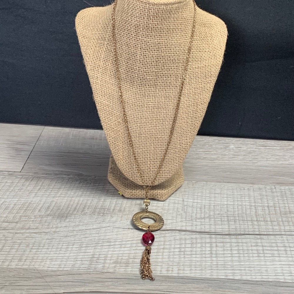 Gold Tone Long Chain Necklace Red Bead Tassel Geometric Circle Pendant 24 Inch